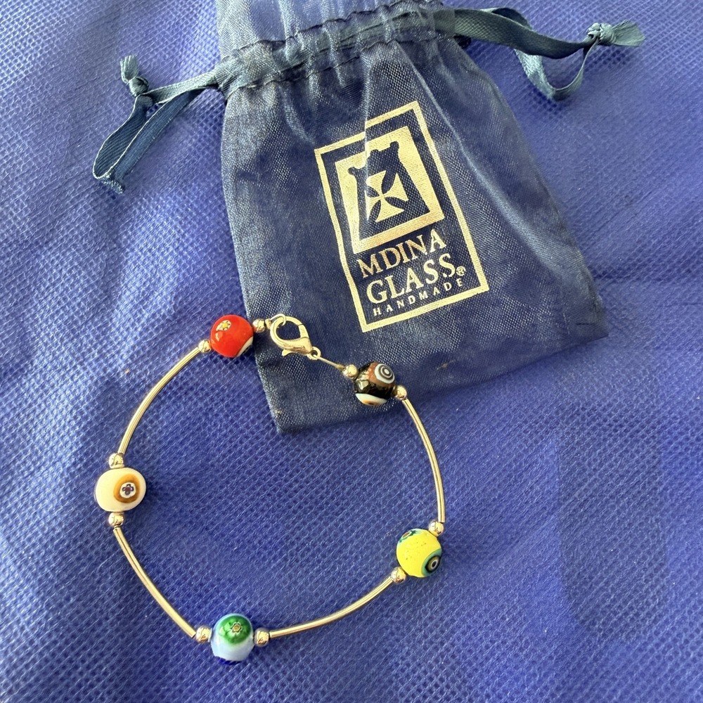 Mdina Glass Silver Tone Multicolor Bead Bracelet Womens 7 Inch Handmade Malta